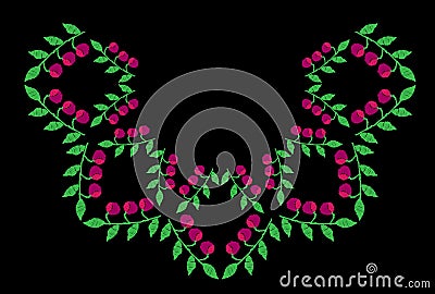 Green leaf with pink berry embroidery stitches imitation on the Vector Illustration