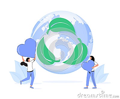 Green leaf recycle symbol vector illustration in flat tiny persons concept. Reusable cycle visualization. Cartoon Illustration