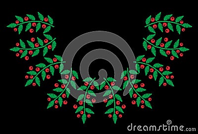 Green leaf with red berry embroidery stitches imitation on the b Vector Illustration