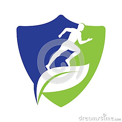 Green leaf runner logo concept design. Vector Illustration