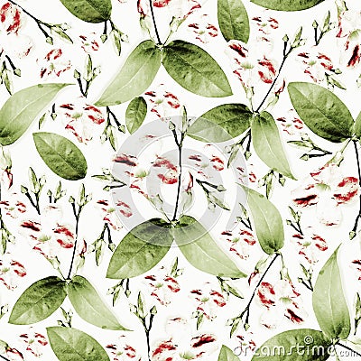 Green leaf and wild burgandy colored flower seamless pattern Stock Photo