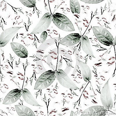 Green leaf and wild burgandy colored flower seamless pattern Stock Photo