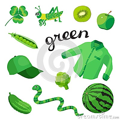 Green. Learn the color. Education set. Illustration of primary colors. Vector Illustration