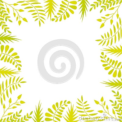 Green leaves border on white background with space for text. Vector frame. Vector Illustration