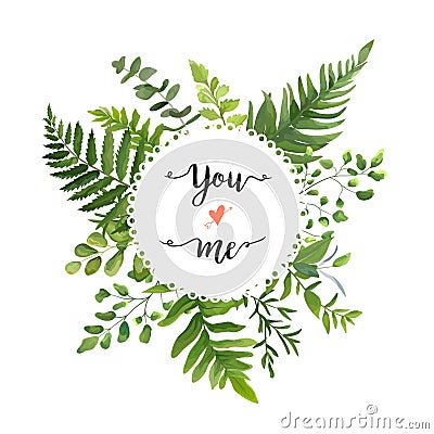 Green Leaves foliage vector round greenery leaf wreath of eucalyptus branches forest fern frond herb plant assortment mix card de Vector Illustration