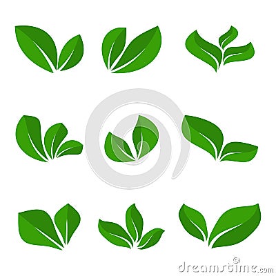 Green leaves isolated silhouettes icons natural set Vector Illustration