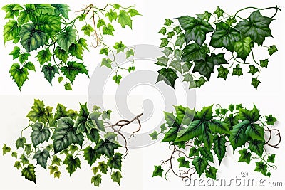 Green leaves Javanese Treebine or Grape ivy cissus Jungle Vine hanging ivy plant shrub on white background - photo collage Stock Photo