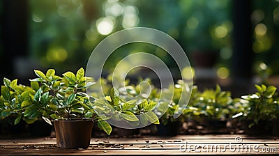 Green Leaves on a Natural Panoramic Background, Illuminated by the Sun's Rays, Rustic Base of Wooden Planks with Text Space Stock Photo