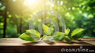 Green Leaves on a Natural Panoramic Background, Illuminated by the Sun's Rays, Rustic Base of Wooden Planks with Text Space Stock Photo