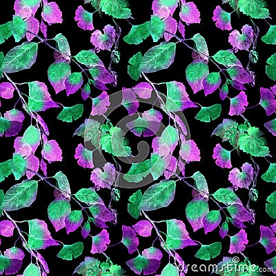 Green leaves in neon light. Seamless background for biology science. Watercolor Stock Photo