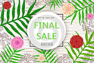 The green leaves, pink and red flowers, branches on the wood background. Final sale poster, banner Vector Illustration