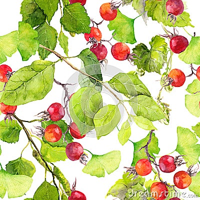 Green leaves, red berries. Seamless pattern. Watercolor Stock Photo