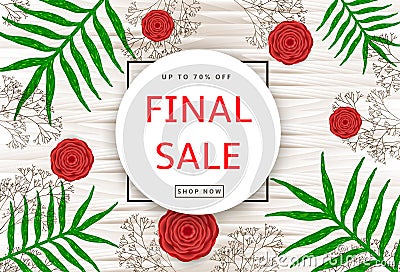 The green leaves, red flowers and branches on the wood background. Final sale poster, banner Vector Illustration