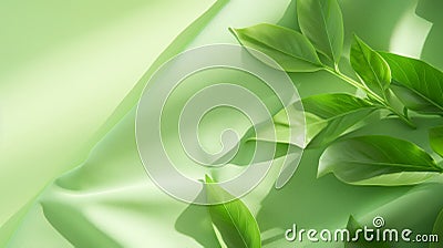Green leaves on soft satin background. 3d render illustration. Generative AI Cartoon Illustration