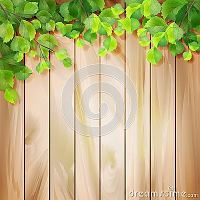 Green leaves on a wood texture. Vector background Vector Illustration