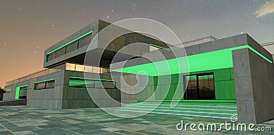 Green LED lighting of the front part of a country modern building finished with stone panels on a starry night. View of the porch Cartoon Illustration