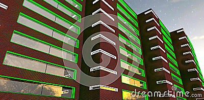 Green LED lighting of the windows looks nice on the apartment building facade at night. Good banner for real estate advertisement Stock Photo