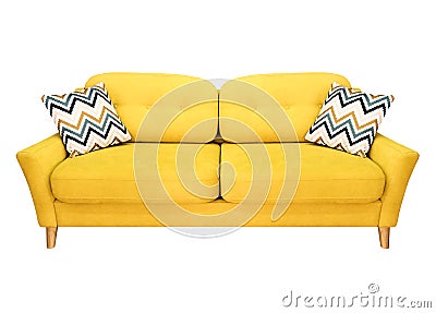 Green lemon yellow sofa with pillow. Soft lemon couch. Modern divan on isolated background Stock Photo