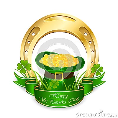 Green leprechaun hat with coins and golden horseshoe Vector Illustration