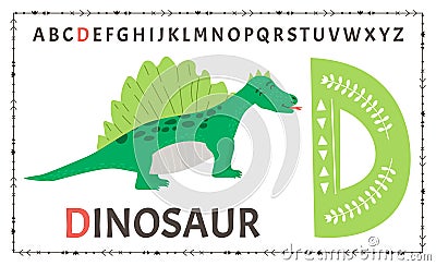 Green letter D of childish English alphabet with cute baby dinosaur. Kids font with funny animal for kindergarten and Cartoon Illustration