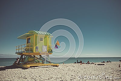Green lifeguard cabin on the beach on a sunny day Stock Photo