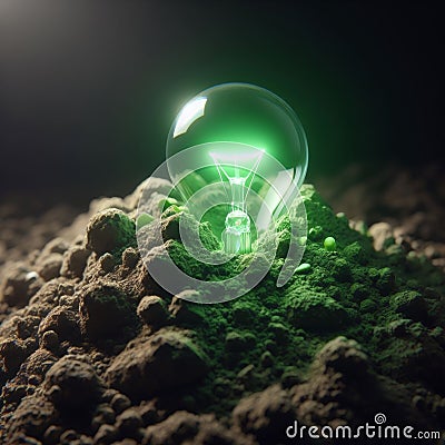 Green light bulb growing out of a mound of soil save environment Stock Photo