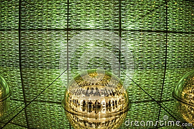 Green Light display, colored laser, mirror walls, and mirror ball, abstract background Stock Photo