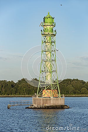 Green lighthouse colonized by cormorants Szczecin lagoon Editorial Stock Photo
