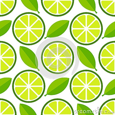 Green lime slices and leaves seamless pattern Vector Illustration