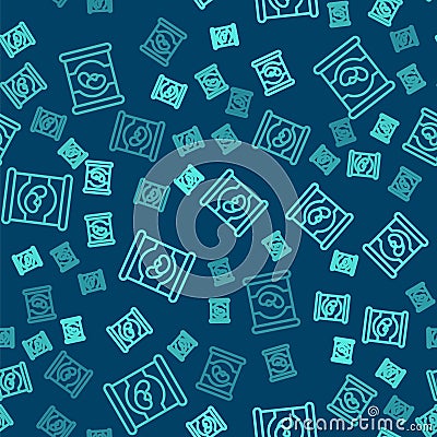 Green line Beans in can icon isolated seamless pattern on blue background. Vector Vector Illustration