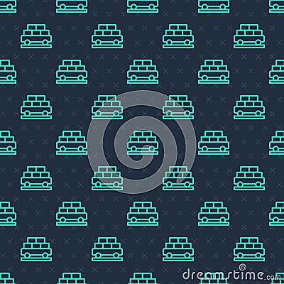 Green line Cargo train wagon icon isolated seamless pattern on blue background. Full freight car. Railroad Stock Photo