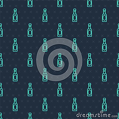 Green line Champagne bottle icon isolated seamless pattern on blue background. Vector Vector Illustration