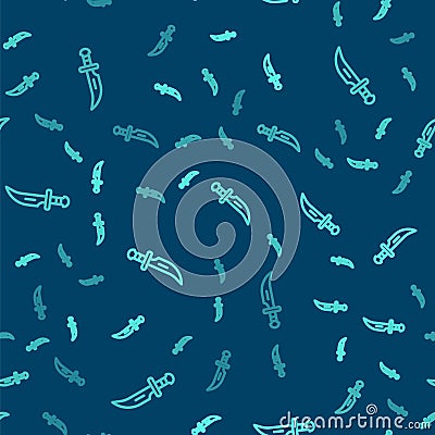 Green line Dagger icon isolated seamless pattern on blue background. Knife icon. Sword with sharp blade. Vector Vector Illustration