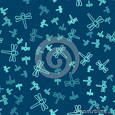 Green line Dragonfly icon isolated seamless pattern on blue background. Vector Vector Illustration