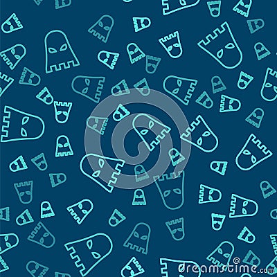 Green line Executioner mask icon isolated seamless pattern on blue background. Hangman, torturer, executor, tormentor Vector Illustration