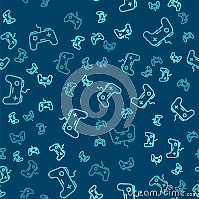 Green line Gamepad icon isolated seamless pattern on blue background. Game controller. Vector Vector Illustration
