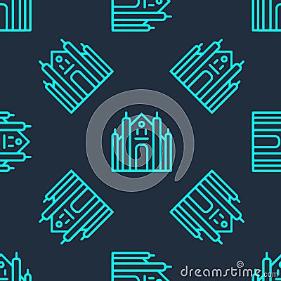 Green line Milan Cathedral or Duomo di Milano icon isolated seamless pattern on blue background. Famous landmark of Vector Illustration