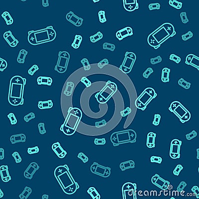 Green line Portable video game console icon isolated seamless pattern on blue background. Gamepad sign. Gaming concept Vector Illustration