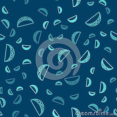 Green line Taco with tortilla icon isolated seamless pattern on blue background. Traditional mexican fast food menu Vector Illustration