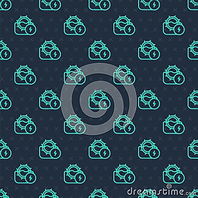 Green line Water mill icon isolated seamless pattern on blue background. Water wheel energy. Hydro power turbine wheel Vector Illustration