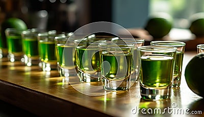 Green liquid in a row, refreshing whiskey shots on table generated by AI Stock Photo