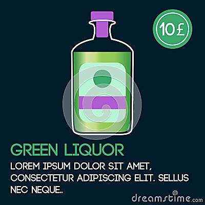 Green liquor card template with price and flat background. Cartoon Illustration