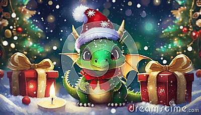 green little dragon with santa hat Stock Photo