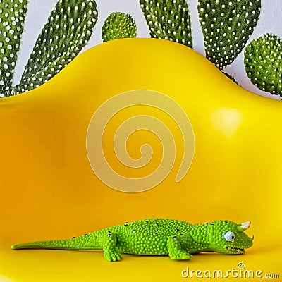 Green lizard on the yellow chair Stock Photo
