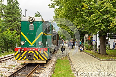 Green locomotive narrow gauge railway, Mokra Gora, Serbia Editorial Stock Photo