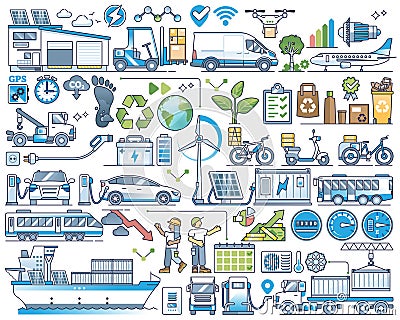 Green logistics and sustainable eco transportation outline collection set Vector Illustration