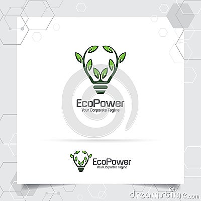 Green logo energy bulb design concept of leaves vector and lamp icon. Electricity logo used for environment and ecology system Vector Illustration