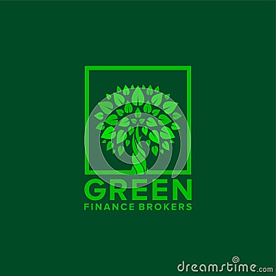 Green logo with trees and leaves Stock Photo