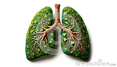 Green lungs depiction with green plants and root structures isolated on white. Nature theme Stock Photo