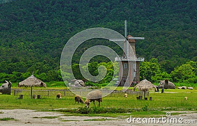 Green lush sheep farm with the windmill. Editorial Stock Photo